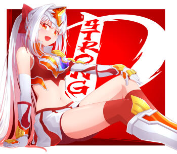 Rule 34 | 1girl, :d, absurdres, arm guards, arm support, armor, asymmetrical armor, bike shorts, bike shorts under skirt, boots, border, breasts, chinese commentary, collarbone, color timer, commentary, crop top, crystal, elbow gloves, fang, feet out of frame, forehead jewel, genderswap, genderswap (mtf), ginga no kou, gloves, hair ornament, hand on own knee, headgear, highres, humanization, knee up, long hair, looking at viewer, medium breasts, miniskirt, mixed-language commentary, navel, open mouth, orange eyes, outside border, pauldrons, ponytail, red shorts, red skirt, red thighhighs, shorts, shoulder armor, silver boots, silver gloves, single bare shoulder, single pauldron, sitting, skin fang, skirt, smile, stomach, thighhighs, tokusatsu, ultra series, ultraman decker, ultraman decker (series), ultraman decker (strong type), very long hair, white border, white hair