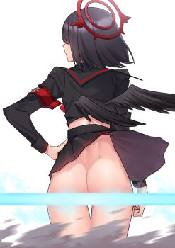 1girl absurdres acaa arm_at_side armband ass black_hair black_shirt black_skirt blue_archive butt_crack convenient_censoring dust from_behind halo hand_on_own_hip highres mashiro_(blue_archive) no_panties sailor_collar shirt short_hair simple_background skirt solo standing white_background wind wind_lift winged_halo wings