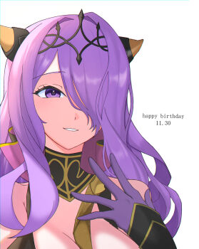 1girl bare_shoulders birthday breasts camilla_(alluring_darkness)_(fire_emblem) camilla_(fire_emblem) cleavage commentary_request dated fire_emblem fire_emblem_fates fire_emblem_heroes gloves hair_ornament hair_over_one_eye hand_on_own_chest happy_birthday highres large_breasts long_hair looking_at_viewer nintendo official_alternate_costume ondur parted_lips purple_eyes purple_gloves purple_hair sidelocks simple_background solo tiara upper_body white_background
