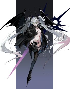 1girl black_cloak black_hands black_panties black_thighhighs body_markings breasts choker cloak colored_extremities crossed_bangs demon_girl demon_horns demon_wings ear_piercing fate/grand_order fate_(series) full_body green_eyes grey_hair hair_between_eyes highres horns lilith_(fate) lilith_(second_ascension)_(fate) long_hair looking_at_viewer medium_breasts navel panties piercing pointy_ears smile solo ss_un17 stomach_tattoo tattoo thighhighs tongue tongue_out twintails underwear very_long_hair wings