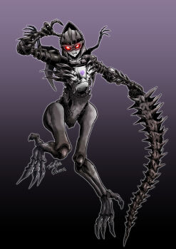 1girl absurdres beast_wars clenched_teeth dinosaur fossil goggles highres holding holding_sword holding_weapon long_fingers long_toes oohara_tetsuya predacon purple_background red_eyes sharp_teeth signature skeletal_arm skeletal_hand skeletal_tail spikes sword tail teeth thick_thighs thighs toes transformers transformers:_war_for_cybertron_trilogy vertebreak weapon