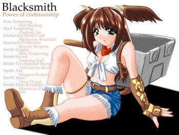 1girl 2000s_(style) bandana belt blacksmith_(ragnarok_online) blue_shorts blush boots breasts brown_belt brown_boots brown_gloves brown_hair brown_wings character_name cleavage closed_mouth collared_shirt commentary_request crop_top demon_wings english_text expressionless fingerless_gloves full_body gloves green_eyes head_wings long_hair looking_at_viewer medium_breasts navel pullcart ragnarok_online red_bandana shirt short_shorts shorts sitting sleeveless sleeveless_shirt solo tatsumi_ray tied_shirt white_shirt wings