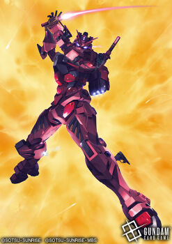arms_up copyright_logo copyright_name copyright_notice energy_sword eye_trail gundam gundam_card_game gundam_gquuuuuux holding holding_sword holding_weapon humanoid_robot light_trail logo mecha nagi-kaze no_humans official_art orange_background purple_eyes red_gundam robot science_fiction solo sword v-fin weapon weapon_on_back