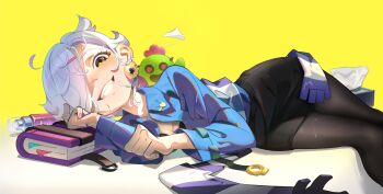 absurdres black_bra black_pantyhose black_skirt blue_shirt book bra brawl_stars cactus colette_(brawl_stars) hair_over_one_eye heart heart-shaped_pupils highres jy_kokoro looking_at_viewer lying on_side one_eye_covered pantyhose scarf shirt skirt smile spray_can symbol-shaped_pupils teeth tissue_box underwear white_hair