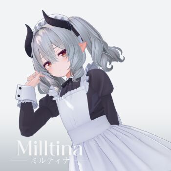 1girl 3d absurdres apron black_bow black_dress bow breasts brown_hair commentary_request dolos dress flat_chest flower grey_hair highres horns looking_at_viewer maid maid_apron maid_headdress milltina_(vrchat) open_mouth pointy_ears solo twintails vrchat white_background