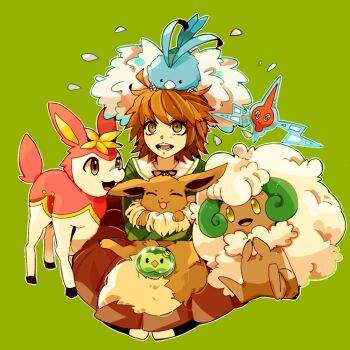 1boy animal animal_hug animal_on_head bird bird_on_head blonde_hair danganronpa:_trigger_happy_havoc danganronpa_(series) deerling deerling_(spring) eevee feathers gen_1_pokemon gen_3_pokemon gen_4_pokemon gen_5_pokemon green_background green_eyes happy nintendo on_head pokemon pokemon_team rotom sitting sitting_on_lap sitting_on_person solosis swablu third-party_source trap whimsicott yyy246