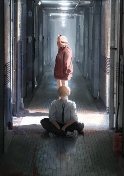 1boy 1girl absurdres black_necktie black_pants blonde_hair chainsaw_man collared_shirt denji_(chainsaw_man) greedice hair_between_eyes hallway highres hood hoodie horns indian_style light_beam long_hair looking_at_viewer necktie pants pink_hoodie power_(chainsaw_man) red_horns school shirt shirt_tucked_in short_hair sitting standing white_shirt