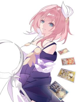 1girl aglaea_(honkai:_star_rail) bare_shoulders blue_eyes breasts card ceremonial_blade_(honkai:_star_rail) chinese_commentary coat commentary_request cyrene_(aedes_elysiae)_(honkai:_star_rail) cyrene_(honkai:_star_rail) dress hair_ornament highres honkai:_star_rail honkai_(series) kaede/kumo multicolored_hair mydei_(honkai:_star_rail) phainon_(honkai:_star_rail) pink_hair purple_coat short_hair simple_background small_breasts smile solo tarot tarot_card trianne_(honkai:_star_rail) tribbie_(honkai:_star_rail) trinnon_(honkai:_star_rail) two-tone_hair white_background white_dress white_hair