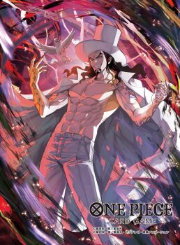 1boy abs alternate_form bird black_hair clenched_teeth coat coat_on_shoulders commentary_request copyright_name evil_smile facial_hair goatee hat hattori_(one_piece) long_hair male_focus moreshan necktie official_art one_piece one_piece_card_game pigeon rob_lucci smile teeth v-shaped_eyebrows white_coat white_hat white_necktie wind