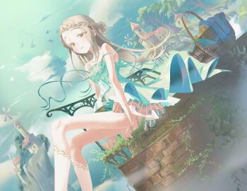1girl absurdres bare_shoulders basket bird braid building dress floating_hair flock gakuen_idolmaster grey_hair highres idolmaster legs light_smile long_hair looking_at_viewer orange_eyes outdoors parted_lips shinosawa_hiro sitting solo superhoikoro weather_vane wind