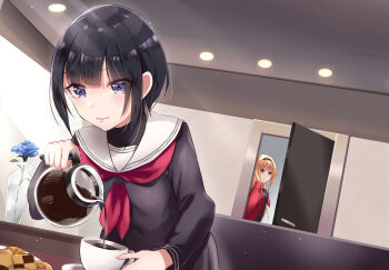 2girls blonde_hair blue_flower blue_rose coffee coffee_pot commentary_request cookie cup flower food highres idolmaster idolmaster_cinderella_girls indoors jacket kurosaki_chitose leaning_forward light_smile lights looking_at_another multiple_girls neckerchief no_gloves open_door plate pouring purple_eyes red_eyes red_jacket rose saucer shirayuki_chiyo sidelocks solo_focus soubimonogatari507 vase