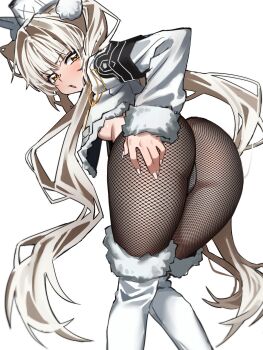 Rule 34 | 1girl, absurdres, animal ears, armband, ass, bent over, black armband, blanc (fortune express) (nikke), blanc (nikke), blush, boots, breasts, brown pantyhose, commentary, fake animal ears, feet out of frame, fingernails, fishnet pantyhose, fishnets, from behind, fur-trimmed boots, fur-trimmed jacket, fur-trimmed sleeves, fur trim, ggokoo, goddess of victory: nikke, grey hair, hair intakes, hand on own ass, hat, highres, jacket, knees together feet apart, long hair, long sleeves, looking at viewer, looking back, medium breasts, nail polish, no bra, no pants, official alternate costume, official alternate hairstyle, panties, panties under pantyhose, pantyhose, parted lips, rabbit ears, simple background, solo, standing, thigh boots, twintails, underboob, underwear, very long hair, white background, white boots, white hat, white jacket, white nails, white panties, yellow eyes