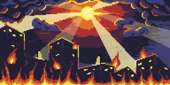 building burning city cityscape cloud cloudy_sky destruction dusk fire hokkai irynefer landscape light_rays makai_(touhou) no_humans pixel_art sky sun sunbeam sunlight touhou touhou_(pc-98) window