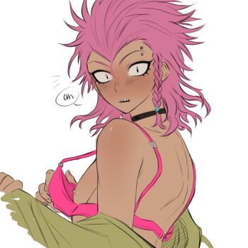 1boy 1girl blush bra danganronpa_(series) danganronpa_2:_goodbye_despair eyebrow_piercing face_piercing from_side male_focus medium_hair nipples off_shoulder piercing pink_bra pink_hair sharp_teeth shiny_skin shirt short_hair simple_background soda_kazuichi solo teeth underwear upper_body upper_teeth_only veggiemist