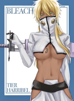 1046sstep_btoh 1girl bleach blonde_hair breast_tattoo breasts character_name dark-skinned_female dark_skin espada green_eyes large_breasts midriff navel number_tattoo revealing_clothes solo stomach tattoo tier_harribel underboob