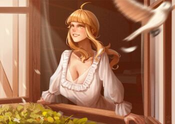 1girl ahoge bird blonde_hair blunt_bangs blush breasts cleavage clenched_teeth collarbone commentary commission curtains from_outside green_eyes house huge_breasts large_breasts leaning_forward long_hair long_sleeves mushoku_tensei nightgown norn_greyrat paid_reward_available ponytail seagull signature smile solo sushoartworks teeth upper_body white_nightgown window