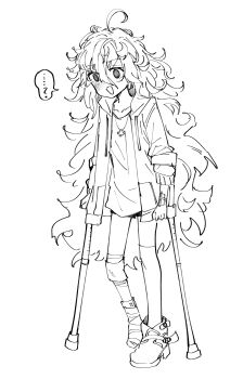 Rule 34 | ?, absurdres, bandaged leg, bandages, broken ankle, cast, clenched hands, collarbone, crutch, gauze on arm, greyscale, highres, injury, jacket, leg cast, long hair, messy hair, monochrome, open clothes, open jacket, original, shirt, shoes, simple background, single shoe, speech bubble, spoken question mark, standing, standing on one leg, very long hair, white background, yodosumiori