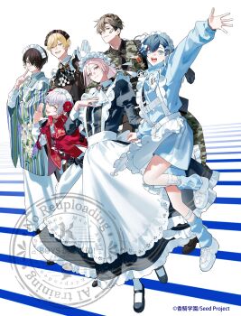 6+boys :d absurdres aimery_cenoir amaki_rou apron ascot bandaid bandaid_on_cheek bandaid_on_face black_boots black_bow black_dress black_gloves black_hair black_necktie black_ribbon black_shoes black_vest blonde_hair blue_bow blue_eyes blue_hair blue_jacket blue_kimono blue_leg_warmers blue_shorts blunt_sidelocks boots bow boys_be_maid! breast_pocket brooch brown_dress brown_eyes brown_hair camouflage capelet checkered_ascot chinese_clothes chinese_knot clock closed_mouth collared_dress contrast_collar copyright_notice crossdressing crossdressing_(mtf) dog_tags dress dress_shirt dress_shoes earrings expressionless finger_to_cheek floral_print floral_print_kimono flower frilled_apron frills full_body gears gloves green_dress green_kimono grey_eyes hair_between_eyes hair_bow hair_bun hair_flower hair_ornament hair_over_one_eye hand_on_own_arm hand_on_own_chest hand_up harness hat heart highres himeutsugi_rei index_finger_raised jacket japanese_clothes jersey_maid jewelry juliet_sleeves jumping kiku_shumei kimono kisaki_yoka lace-trimmed_apron lace_trim lantern_earrings leaning_forward leg_warmers long_dress long_sleeves looking_at_viewer maid maid_apron maid_headdress male_focus male_maid mary_janes medal mixed_maids mob_cap mole mole_under_eye multicolored_kimono multiple_boys multiple_rings name_tag neck_ribbon necktie official_art open_hand open_mouth outstretched_arm pantyhose pink_eyes pink_hair pocket print_kimono puffy_sleeves purple_eyes purple_kimono qi_maid red_capelet red_flower red_jacket ribbon ring running shirt shoes short_hair shorts side_part sidelocks sideways_glance single_hair_bun skirt_hold sleeves_past_wrists smile sneakers standing steampunk striped_clothes striped_kimono tactical_maid takashina_ranto tangzhuang tassel teeth track_jacket trap ugonba_(howatoro) unconventional_maid undercut upper_teeth_only vest victorian_maid wa_maid waist_apron watermark waving white_apron white_ascot white_background white_bow white_gloves white_hair white_kimono white_pantyhose white_shirt white_shoes wide_sleeves yellow_eyes zipper_pull_tab