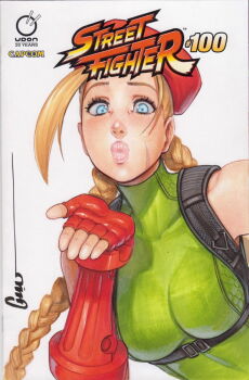 Rule 34 | 1girl, ahoge, armor, beret, blonde hair, blowing kiss, blue eyes, bracer, braid, breasts, cammy white, capcom, chest harness, company name, copyright name, gloves, green leotard, harness, hat, highres, huge ahoge, leotard, lips, long hair, looking at viewer, medium breasts, numbered, omar dogan, red armor, red gloves, red hat, ribbed leotard, scar, scar on face, simple background, solo, street fighter, third-party source, twin braids, white background