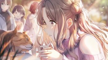 asakura_toru black_hair blue_eyes blurry blurry_background brown_eyes brown_hair cat coat earrings fukumaru_koito game_cg higuchi_madoka ichikawa_hinana idolmaster idolmaster_shiny_colors idolmaster_shiny_colors_song_for_prism jewelry nail_polish noctchill_(idolmaster) official_art red_eyes red_hair ring skirt turtleneck