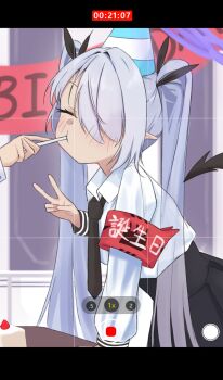 1girl armband black_necktie black_skirt blue_archive closed_eyes collared_shirt dark-skinned_female dark_skin fake_phone_screenshot fake_screenshot feeding grey_hair hair_over_one_eye halo hand_up hat highres iori_(blue_archive) long_hair long_sleeves mintchoco_(minchothudong) necktie party_hat purple_halo red_armband shirt shirt_tucked_in skirt solo_focus twintails user_interface v white_shirt