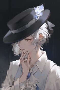1girl absurdres ascot black_background blue_gemstone elyzerda finger_to_mouth gem hat highres no_coat reverse:1999 short_hair sleeves_rolled_up solo vertin_(reverse:1999) vest white_ascot white_hair white_vest