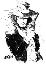 Rule 34 | 1boy, absurdres, beard, cigarette, commentary request, cropped torso, esuke y, facial hair, greyscale, gun, hat, hat over one eye, highres, holding, holding gun, holding weapon, jacket, jigen daisuke, lupin iii, male focus, monochrome, shirt, short hair, smoke, solo, weapon