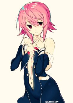 1girl bare_shoulders blood breasts chaos;child clothes_pull collarbone cropped_jacket dress_vest hand_on_own_chest hekiho_academy_school_uniform highres jacket jacket_pull looking_to_the_side navel non-web_source onoe_serika partially_undressed partially_unzipped pink_eyes pink_hair rotte_(1109) school_uniform science_adventure short_hair small_breasts smile solo stomach