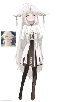 1other abby_(wuthering_waves) ambiguous_gender black_boots black_pantyhose black_skirt boots cloak closed_eyes closed_mouth commentary corrupted_twitter_file cryne facing_viewer full_body game_screenshot_inset hair_flaps hands_on_own_hips highres light_blush pantyhose parted_bangs personification screenshot_inset simple_background skirt smile solo standing tacet_mark_(wuthering_waves) twitter_username untranslatable_commentary white_background white_cloak wuthering_waves