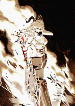 1girl absurdres arm_strap bare_shoulders black_choker black_gloves black_horns black_pants breasts choker commentary curled_horns gloves greatsword highres holding holding_sword holding_weapon horns large_breasts limited_palette looking_at_viewer necktie necktie_around_wrists pants red_eyes red_necktie rh_og69 shirt shirt_tucked_in solo sword weapon white_shirt wuthering_waves zani_(wuthering_waves)