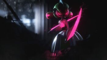 3d arm_blade blurry blurry_background freasaloz glowing glowing_eyes highres iron_valiant nintendo pink_eyes pixel_eyes pokemon pokemon_(creature) rain robot solo source_filmmaker_(medium) textless_version weapon