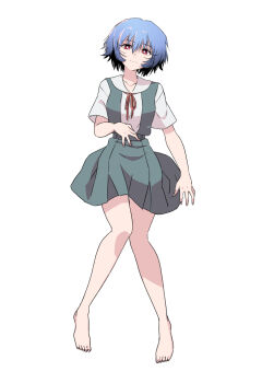 Rule 34 | 1girl, ayanami rei, bare legs, barefoot, blue hair, blue skirt, breasts, commentary, hair between eyes, highres, looking at viewer, neck ribbon, neon genesis evangelion, red eyes, red ribbon, ribbon, sashimi (sasihmi), school uniform, shirt, short hair, short sleeves, simple background, skirt, solo, tokyo-3 middle school uniform, white background, white shirt