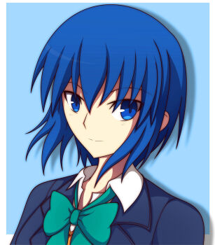 1girl absurdres blue_eyes blue_hair blue_shirt ciel_(tsukihime) highres looking_at_viewer sakurello school_uniform shirt short_hair smile solo souya_high_school_uniform tsukihime tsukihime_(remake) upper_body white_shirt