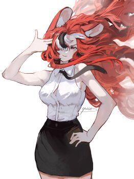 Rule 34 | 1girl, animal ears, black skirt, breasts, commentary, cowboy shot, english commentary, finger gun, finger gun to head, floating hair, hakos baelz, hand on own hip, highres, hololive, hololive english, long hair, looking at viewer, mouse ears, multicolored hair, pencil skirt, red hair, shadelett, shirt, simple background, skirt, sleeveless, sleeveless shirt, solo, virtual youtuber, white background, white shirt