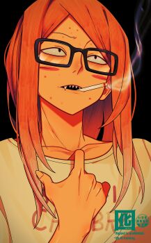 1boy absurdres aged_up black_background blush_stickers cigarette collar_tug glasses hand_up highres long_hair male_focus orange_hair otori_0 pimple randal&#039;s_friends randal_ivory sharp_teeth shirt simple_background smoking teeth upper_body