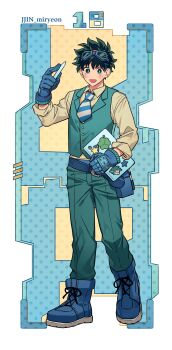 1boy absurdres belt blue_belt blue_boots blue_gloves boku_no_hero_academia boots border brown_shirt freckles full_body gloves goggles goggles_on_head green_pants highres holding holding_stylus holding_tablet_pc long_sleeves looking_at_viewer male_focus midoriya_izuku misa_(jjin_miryeon) necktie pants shirt short_hair solo striped_necktie stylus tablet_pc white_border