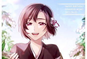 1046sstep_btoh 1girl black_hair bleach bleach:_sennen_kessen-hen character_name commentary_request dated flower hair_ornament hairclip happy_birthday hinamori_momo japanese_clothes open_mouth pink_lips portrait purple_eyes shihakusho short_hair smile solo