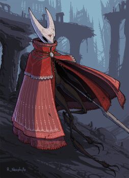 Rule 34 | 1girl, arthropod girl, artist name, black eyes, black skin, bug, cloak, colored skin, full body, highres, holding, holding weapon, hollow eyes, hollow knight, hornet (hollow knight), needle (hollow knight), red cloak, roving neophyte, ruins, sliding, solo, standing, weapon