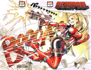 1girl aqua_eyes backpack bag barcode belt black_bodysuit blonde_hair bodysuit breasts bullet character_name commission copyright_logo cover_sketch deadpool_(series) explosive fer_yoshimiya floating_hair grenade grenade_pin grin gun hair_pulled_back hashtag-only_commentary hello_kitty hello_kitty_(character) highres holding holding_grenade holding_gun holding_weapon lady_deadpool large_breasts logo marvel multicolored_bodysuit no_mask ponytail red_bodysuit sanrio smile solo sound_effects submachine_gun sword sword_on_back traditional_media two-tone_bodysuit utility_belt weapon weapon_on_back