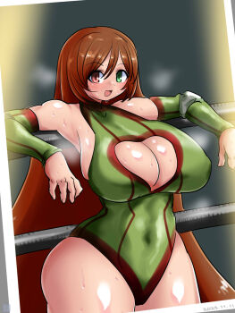 Rule 34 | 1girl, :d, alternate breast size (larger), alternate costume, blush, breasts, brown hair, cleavage, cleavage cutout, clothing cutout, commentary request, covered navel, cowboy shot, dated, detached sleeves, green eyes, green leotard, green sleeves, grey background, heterochromia, highres, huge breasts, itini-sanshi, large breasts, leotard, long hair, looking at viewer, open mouth, red eyes, rozen maiden, smile, solo, suiseiseki, thigh strap, very long hair, wrestling outfit, wrestling ring