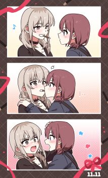 2girls absurdres black_choker black_sweater blue_eyes blue_shirt blush choker commentary_request food girls_band_cry grey_eyes grey_hair grin habsida_(habsida_hpy) highres iseri_nina kawaragi_momoka korean_commentary long_hair multicolored_hair multiple_girls open_mouth pocky pocky_day pocky_kiss red_hair red_ribbon ribbon roots_(hair) shared_food shirt short_twintails smile sweater twintails yuri