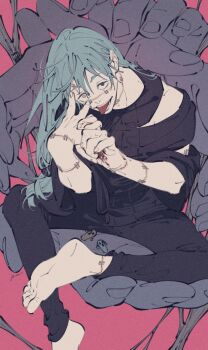 1boy androgynous barefoot black_pants black_shirt commentary cursed_spirit_(jujutsu_kaisen) film_grain fingernails grey_hair heterochromia highres jujutsu_kaisen long_hair mahito_(jujutsu_kaisen) male_focus mim_(mimya0600) pants sanpaku shirt sitting solo stitched_arm stitched_face stitched_neck stitched_wrist stitches teeth tongue tongue_out