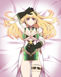 Rule 34 | 1girl, absurdres, armor, bikini, blonde hair, breasts, demeter (fate), dress, fate/grand order, fate (series), gloves, green bikini, green dress, green gloves, head wreath, highres, hyperbudd, large breasts, long hair, looking at viewer, on bed, purple eyes, shoulder armor, smile, solo, swimsuit