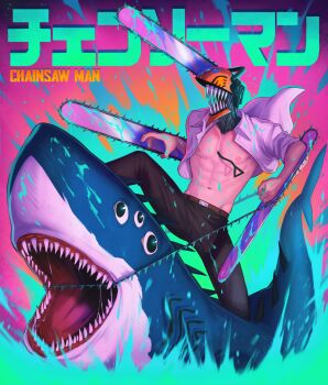 abs absurdres beam_(chainsaw_man) belt black_pants brown_belt chainsaw chainsaw_man chalseu collared_shirt commentary copyright_name denji_(chainsaw_man) english_commentary extra_eyes highres navel nipples open_clothes open_shirt pants pull_cord riding_shark shark sharp_teeth shirt teeth white_shirt