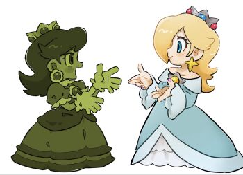 2girls blonde_hair blue_dress blue_eyes colored_skin crown dress earrings eye_contact eyelashes flower_earrings full_body gloves green_dress green_eyes green_gloves green_skin happy highres jewelry long_hair looking_at_another mario_(series) mimimi_(mimimim9999) multiple_girls nintendo open_mouth princess princess_daisy puffy_short_sleeves puffy_sleeves rosalina short_sleeves smile super_mario_galaxy super_mario_land white_background