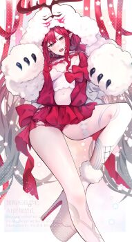 1girl baobhan_sith_(fate) baobhan_sith_(swimsuit_pretender)_(first_ascension)_(fate) breasts cernunnos_(fate) character_hood detached_collar earrings fangs fate/grand_order fate_(series) fufufu_hehehe grey_eyes headwear_with_attached_mittens highres jewelry long_hair looking_at_viewer navel open_mouth pink_hair pink_skirt platform_heels revision sidelocks skirt solo