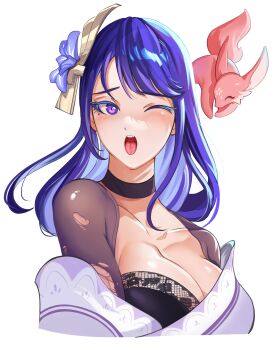 1girl absurdres alternate_breast_size_(larger) black_bra black_choker blue_pupils blunt_bangs blush bra breasts bridal_gauntlets choker cleavage clothing_cutout collarbone commentary english_commentary genshin_impact gradient_hair hair_ornament highres huge_breasts japanese_clothes kimono large_breasts long_hair looking_to_the_side mole mole_under_eye multicolored_eyes multicolored_hair naughty_face off_shoulder one_eye_closed open_mouth ping7751 purple_eyes purple_kimono raiden_shogun shade shoulder_cutout sideboob simple_background solo_focus teeth tongue tongue_out torn_clothes underwear upper_body upper_teeth_only white_background yae_miko yae_miko_(fox)