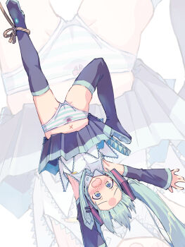 1girl akayama_yukihe armpits black_boots black_skirt black_sleeves blue_eyes blue_hair blue_necktie blue_panties blush boots bow bow_panties breasts collared_shirt commentary_request detached_sleeves forehead hatsune_miku highres long_hair miniskirt navel necktie nose_blush open_mouth panties pleated_skirt rope shirt skirt sleeveless sleeveless_shirt small_breasts striped_clothes striped_panties thigh_boots twintails underwear upside-down vocaloid white_shirt x_navel zoom_layer