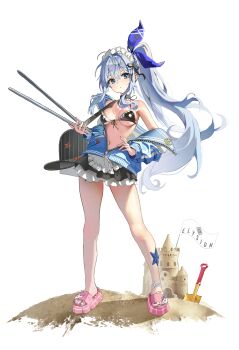 1girl absurdres anchor_(innocent_maid)_(nikke) anchor_(nikke) bare_shoulders bikini black_bikini black_skirt blue_eyes blue_hair blue_jacket blush breasts closed_mouth commentary_request faux_figurine frilled_skirt frills front-tie_bikini_top front-tie_top full_body goddess_of_victory:_nikke hair_intakes hair_ornament hallo_(rltkdydrltk) highres jacket korean_commentary long_hair looking_at_viewer micro_bikini multicolored_jacket navel off_shoulder official_alternate_costume official_alternate_hairstyle open_mouth ponytail sand_castle sand_sculpture simple_background sitting skirt small_breasts solo standing starfish starfish_hair_ornament stomach swimsuit thighs two-tone_jacket very_long_hair white_background white_jacket