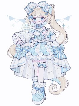 1girl :d blonde_hair blue_bow blue_bowtie blue_dress blue_eyes blue_shoes blush bow bowtie commentary commission dress dress_bow fishnet_pantyhose fishnets frilled_thigh_strap full_body hair_bow highres long_hair long_sleeves looking_at_viewer open_mouth original pantyhose shoes side_ponytail simple_background single_leg_pantyhose skeb_commission sleeve_bow smile socks solo standing striped_bow thigh_strap upa_papa_co very_long_hair watermark white_background white_bow white_pantyhose white_socks